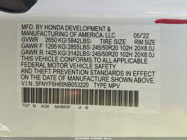 Aukcja sprzedaży 2022 Honda Pilot Awd Touring 7 Passenger, vin: 5FNYF6H65NB053220, numer aukcji: 45760806