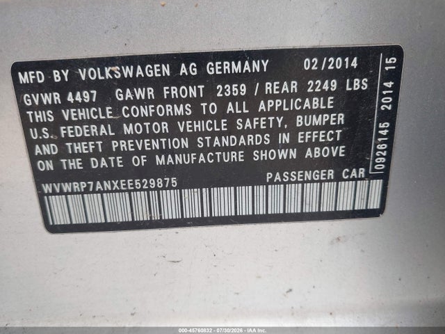 2014 Volkswagen Cc 2.0t Executive მანქანა იყიდება აუქციონზე, vin: WVWRP7ANXEE529875, აუქციონის ნომერი: 45760832