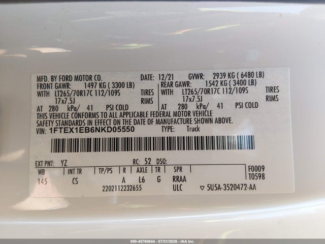Aukcja sprzedaży 2022 Ford F-150 Xl, vin: 1FTEX1EB6NKD05550, numer aukcji: 45760844