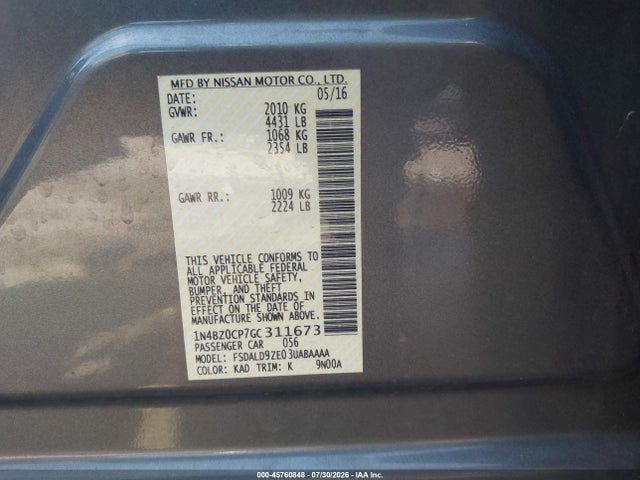 Aukcja sprzedaży 2016 Nissan Leaf Sv, vin: 1N4BZ0CP7GC311673, numer aukcji: 45760848