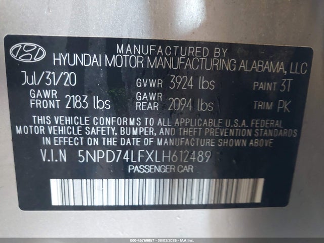 45760857 :رقم المزاد ، 5NPD74LFXLH612489 vin ، 2020 Hyundai Elantra Se مزاد بيع