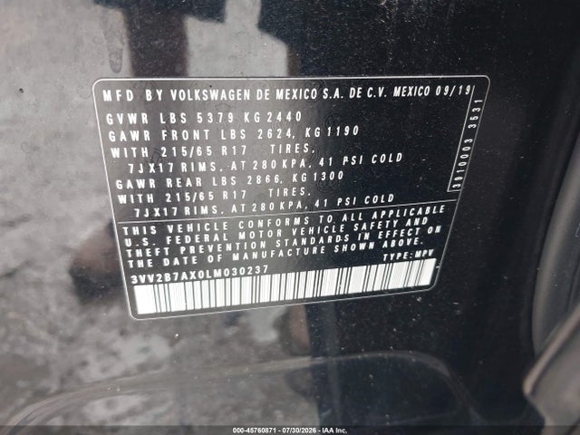 45760871 :رقم المزاد ، 3VV2B7AX0LM030237 vin ، 2020 Volkswagen Tiguan 2.0t Se/2.0t Se R-line Black/2.0t Sel مزاد بيع