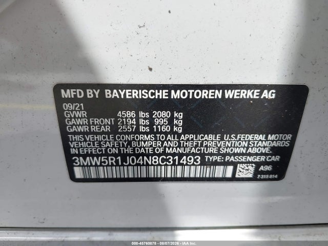 2022 Bmw 330i მანქანა იყიდება აუქციონზე, vin: 3MW5R1J04N8C31493, აუქციონის ნომერი: 45760878