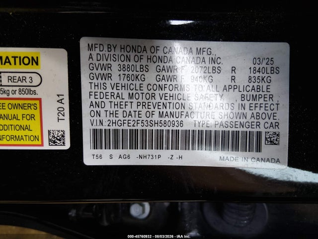 Aukcja sprzedaży 2025 Honda Civic Sport, vin: 2HGFE2F53SH580936, numer aukcji: 45760932