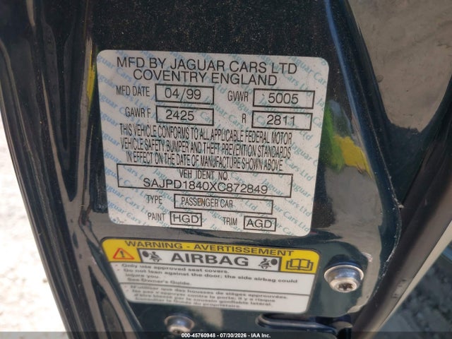 Продаж на аукціоні авто 1999 Jaguar Xjr, vin: SAJPD1840XC872849, номер лоту: 45760948