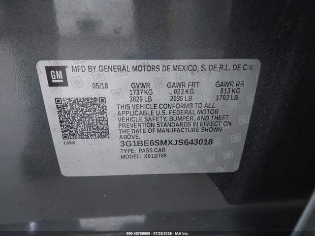 45760958 :رقم المزاد ، 3G1BE6SMXJS643018 vin ، 2018 Chevrolet Cruze Lt Auto مزاد بيع