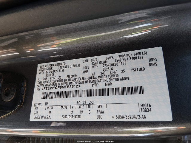 2021 Ford F-150 Xl მანქანა იყიდება აუქციონზე, vin: 1FTEW1CP6MFB36123, აუქციონის ნომერი: 45760960