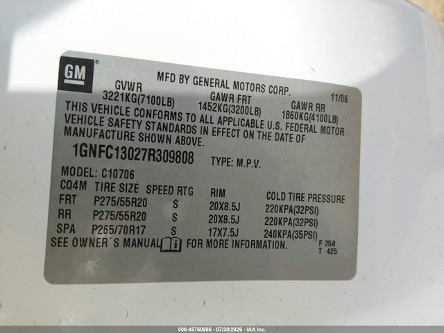 45760986 :رقم المزاد ، 1GNFC13027R309808 vin ، 2007 Chevrolet Tahoe Lt مزاد بيع