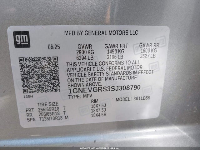 45761003 :رقم المزاد ، 1GNEVGRS3SJ308790 vin ، 2025 Chevrolet Traverse Awd Lt مزاد بيع