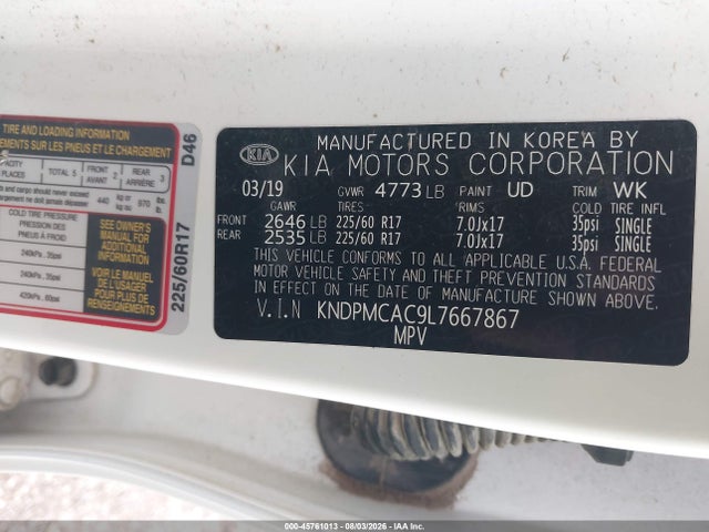 45761013 :رقم المزاد ، KNDPMCAC9L7667867 vin ، 2020 Kia Sportage Lx مزاد بيع