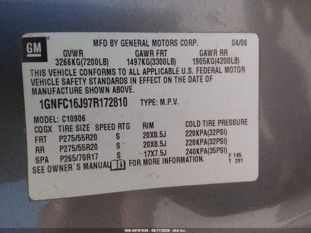 45761026 :رقم المزاد ، 1GNFC16J97R172810 vin ، 2007 Chevrolet Suburban Ltz مزاد بيع
