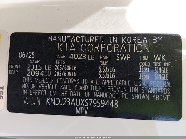 Aukcja sprzedaży 2025 Kia Soul Lx/s, vin: KNDJ23AUXS7959448, numer aukcji: 45761029