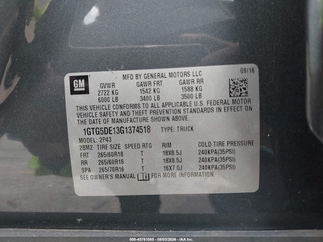 Продаж на аукціоні авто 2016 Gmc Canyon 2wd Slt, vin: 1GTG5DE13G1374518, номер лоту: 45761085