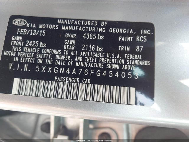 Продажа на аукционе авто 2015 Kia Optima Ex, vin: 5XXGN4A76FG454053, номер лота: 45761112