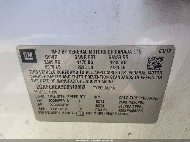 Aukcja sprzedaży 2012 Gmc Terrain Slt-2, vin: 2GKFLXEK5C6312402, numer aukcji: 45761121