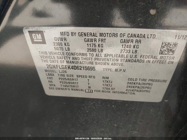 Aukcja sprzedaży 2013 Chevrolet Equinox Ltz, vin: 2GNFLGEK4D6215695, numer aukcji: 45761126