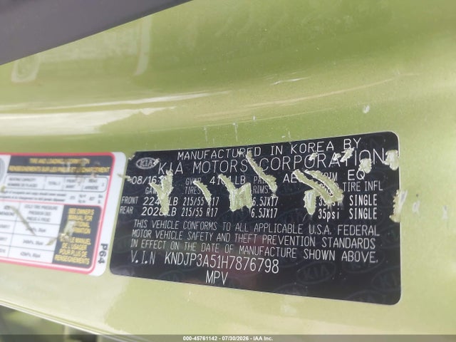 45761142 :رقم المزاد ، KNDJP3A51H7876798 vin ، 2017 Kia Soul + مزاد بيع
