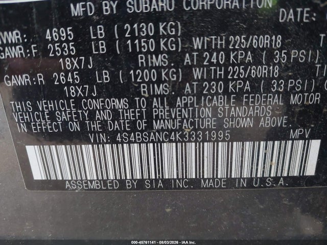 Продажа на аукционе авто 2019 Subaru Outback 2.5i Limited, vin: 4S4BSANC4K3331995, номер лота: 45761141