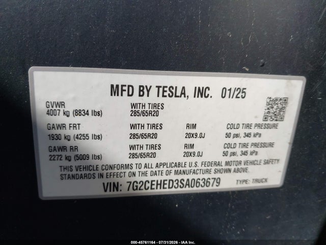 45761164 :رقم المزاد ، 7G2CEHED3SA063679 vin ، 2025 Tesla Cybertruck All-wheel Drive مزاد بيع