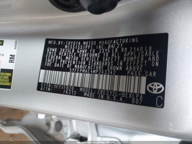 2021 Toyota Corolla Le მანქანა იყიდება აუქციონზე, vin: 5YFEPMAE4MP243342, აუქციონის ნომერი: 45761181