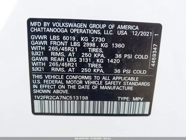 Aukcja sprzedaży 2022 Volkswagen Atlas 3.6l V6 Sel Premium R-line, vin: 1V2FR2CA7NC513198, numer aukcji: 45761183