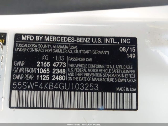 45761190 :رقم المزاد ، 55SWF4KB4GU103253 vin ، 2016 Mercedes-benz C 300 4matic مزاد بيع