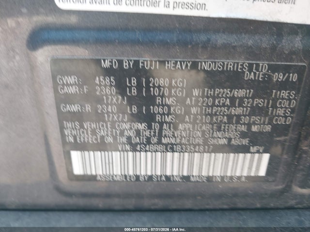 2011 Subaru Outback 2.5i Limited მანქანა იყიდება აუქციონზე, vin: 4S4BRBLC1B3354817, აუქციონის ნომერი: 45761203