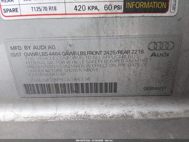 Aukcja sprzedaży 2007 Audi A3 2.0t, vin: WAUNF78P97A184774, numer aukcji: 45761224
