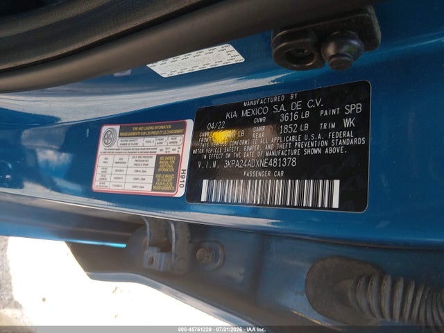 2022 Kia Rio S მანქანა იყიდება აუქციონზე, vin: 3KPA24ADXNE481378, აუქციონის ნომერი: 45761229