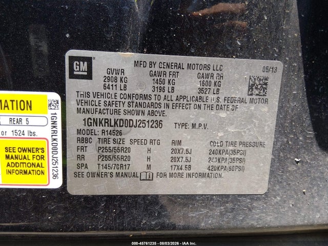 Продаж на аукціоні авто 2013 Chevrolet Traverse Ltz, vin: 1GNKRLKD0DJ251236, номер лоту: 45761235