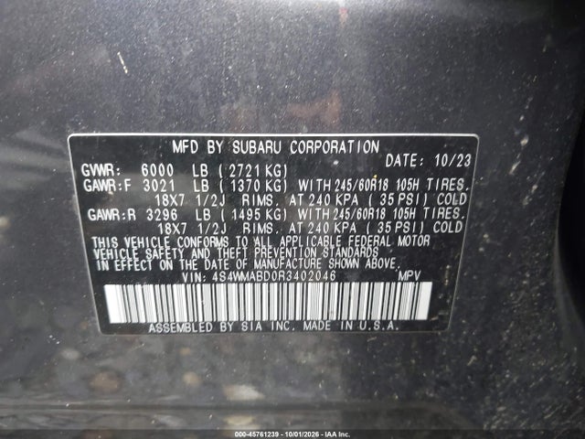 2024 Subaru Ascent Premium 8-passenger მანქანა იყიდება აუქციონზე, vin: 4S4WMABD0R3402046, აუქციონის ნომერი: 45761239