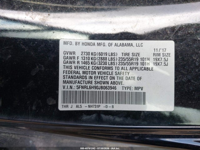 2018 Honda Odyssey Elite მანქანა იყიდება აუქციონზე, vin: 5FNRL6H90JB063946, აუქციონის ნომერი: 45761242