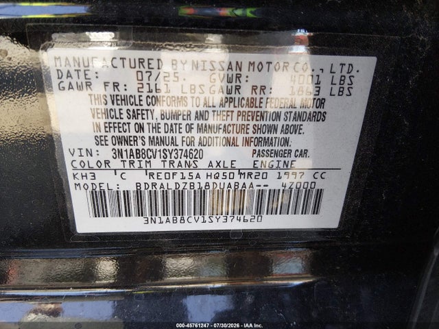 3N1AB8CV1SY374620 Nissan SENTRA SV