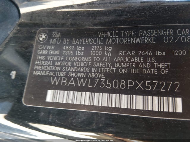 45761268 :رقم المزاد ، WBAWL73508PX57272 vin ، 2008 Bmw 335i مزاد بيع
