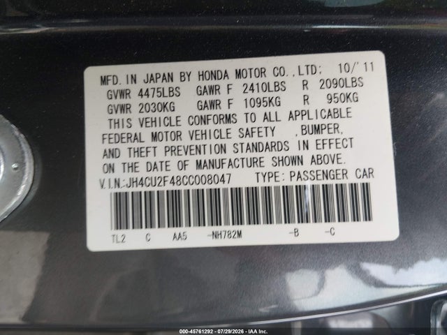 Продаж на аукціоні авто 2012 Acura Tsx 2.4, vin: JH4CU2F48CC008047, номер лоту: 45761292