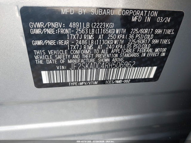 2024 Subaru Forester Premium მანქანა იყიდება აუქციონზე, vin: JF2SKADC4RH506962, აუქციონის ნომერი: 45761305