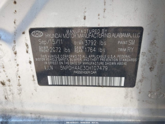 45761311 :رقم المزاد ، 5NPDH4AE3CH107479 vin ، 2012 Hyundai Elantra Limited مزاد بيع