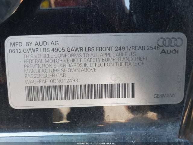 45761317 :رقم المزاد ، WAUFFAFL0DN012493 vin ، 2013 Audi A4 2.0t Premium مزاد بيع