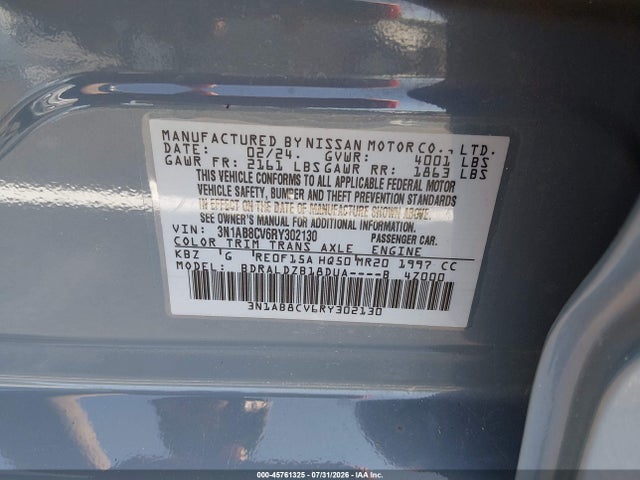 3N1AB8CV6RY302130 Nissan Sentra Sv Xtronic Cvt
