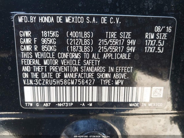 3CZRU5H58GM756427 Honda HR-V EX