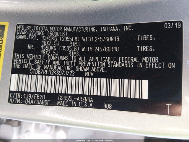 Toyota Highlander Le/le Plus 2019 5TDBZRFH2KS973722 Image 9