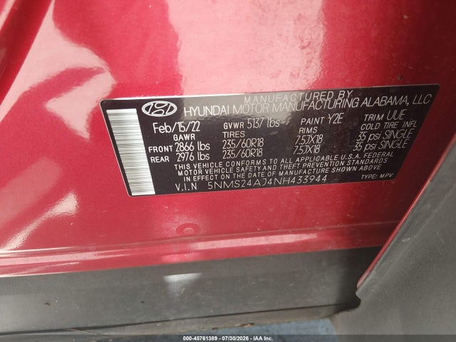 5NMS24AJ4NH433944 Hyundai Santa Fe Sel