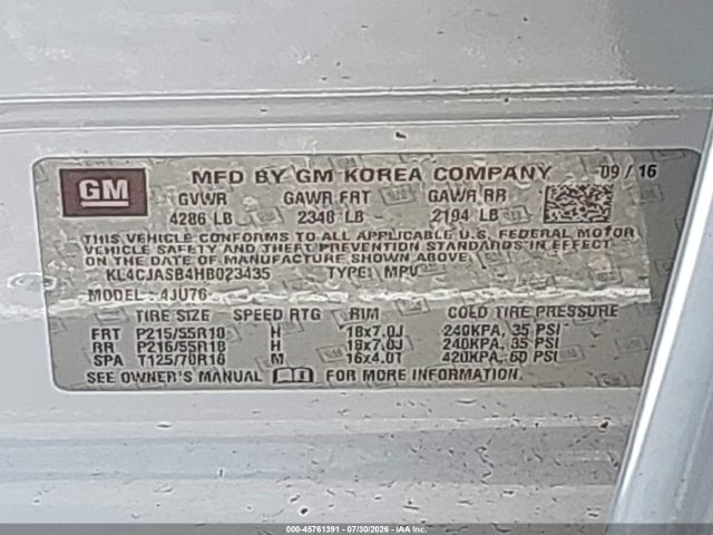 45761391 :رقم المزاد ، KL4CJASB4HB023435 vin ، 2017 Buick Encore Preferred مزاد بيع