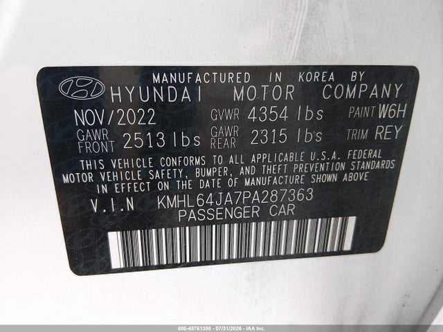 45761398 :رقم المزاد ، KMHL64JA7PA287363 vin ، 2023 Hyundai Sonata Sel مزاد بيع