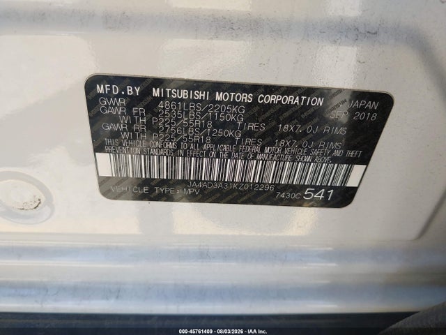Aukcja sprzedaży 2019 Mitsubishi Outlander Se, vin: JA4AD3A31KZ012296, numer aukcji: 45761409