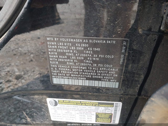 Продаж на аукціоні авто 2012 Volkswagen Touareg Vr6 Sport, vin: WVGEF9BP5CD010969, номер лоту: 45761411