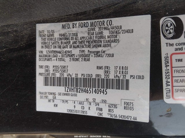 45761417 :رقم المزاد ، 1ZVHT82H465140945 vin ، 2006 Ford Mustang Gt مزاد بيع