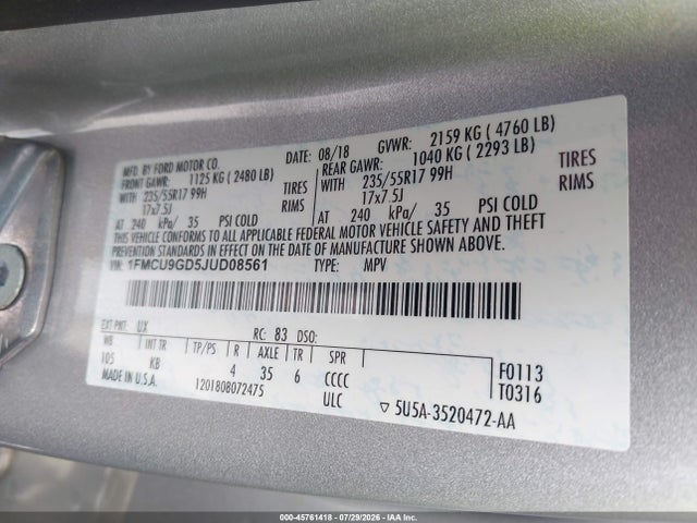 Продажа на аукционе авто 2018 Ford Escape Se, vin: 1FMCU9GD5JUD08561, номер лота: 45761418