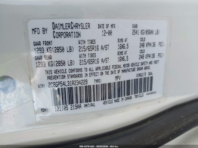 Продаж на аукціоні авто 2001 Chrysler Town & Country Lxi, vin: 2C8GP54L31R234229, номер лоту: 45761423