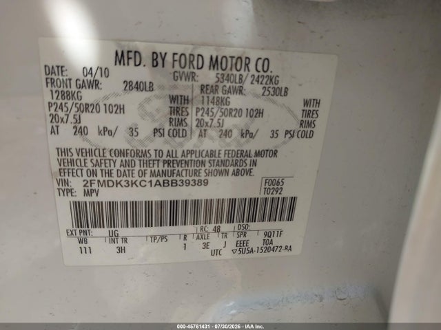 Продаж на аукціоні авто 2010 Ford Edge Limited, vin: 2FMDK3KC1ABB39389, номер лоту: 45761431